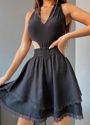 Лляна спідниця міні з мереживом незвичайна юбка з льону4 фото
