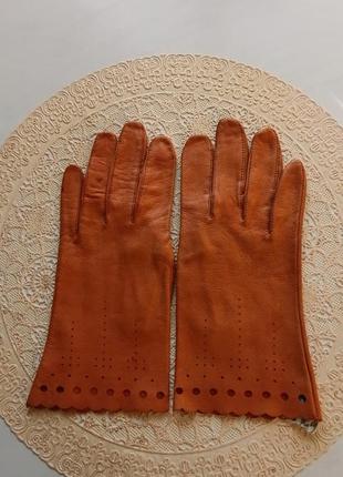 Рыжие кожаные перчатки 8-8,5 р без подкладки3 фото
