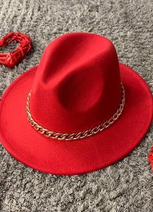 Шляпа федора красная с устойчивыми полями golden унисекс2 фото