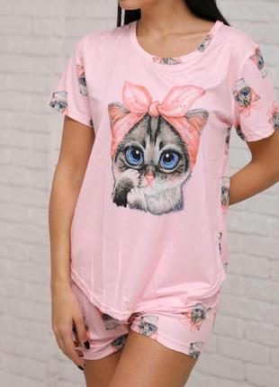Женская пижама футболка+шорты (р.42/44) с принтом "кошечка с бантом" розовая3 фото
