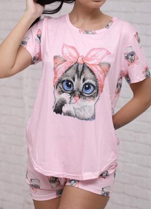 Женская пижама футболка+шорты (р.42/44) с принтом "кошечка с бантом" розовая4 фото