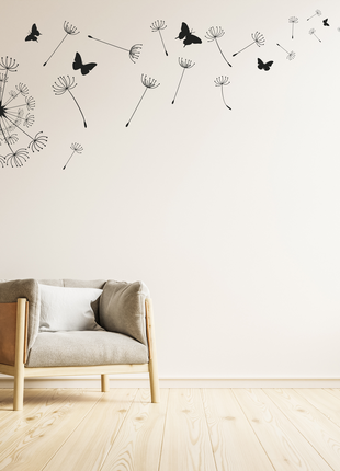 Вінілова інтер'єрна самоклейна наклейка декор на стіну (шпалери, фарбу) "кульбаба. метелики"3 фото