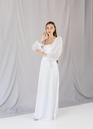 Довга сукня для розпису з рукавами з органзи весільна проста сукня