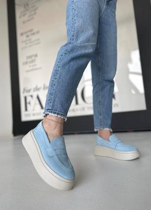 Эффектные лоферы, к123, голубой, натуральная замша