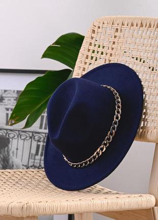 Шляпа федора темно синяя с устойчивыми полями golden унисекс2 фото
