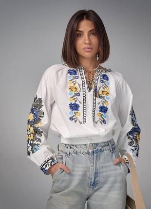 Колоритна блуза вишиванка, українська вишиванка, етно сорочка з вишивкою6 фото