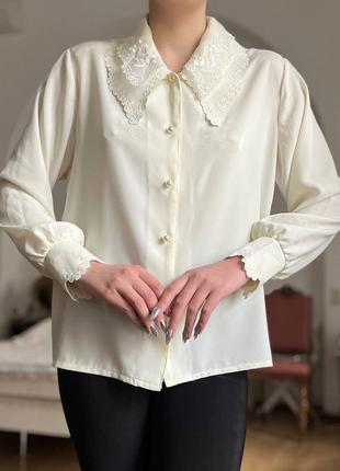 Винтажная белая молочная блузка рубашка с кружевом с рукавами старинная fantasy