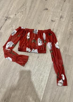 Топ в квітковий принт / топ з рукавами / топ сітка / блуза на плечі