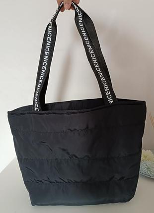 Велика жіноча сумка шопер тканинна плащовка стьобана чорна