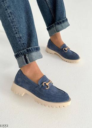 Sale premium! женские замшевые синий лоферы на каблуке весенне осенние туфли натуральная замша весна7 фото