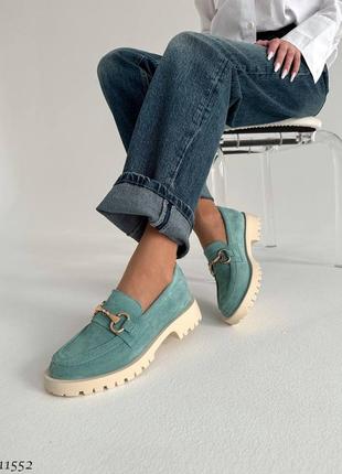 Sale premium! женские замшевые бирюзовые лоферы на каблуке весенне осенние туфли натуральная замша