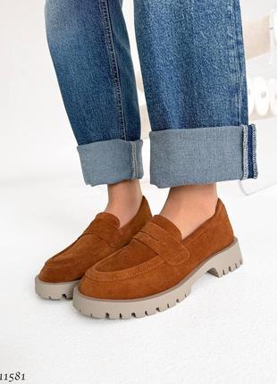 Premium! женские замшевые коричневые лоферы на каблуке весенне осенние туфли натуральная замша