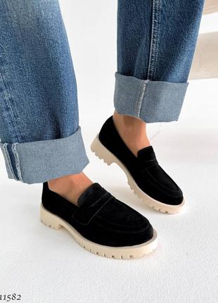 Premium! женские замшевые черные лоферы на каблуке весенне осенние туфли натуральная замша