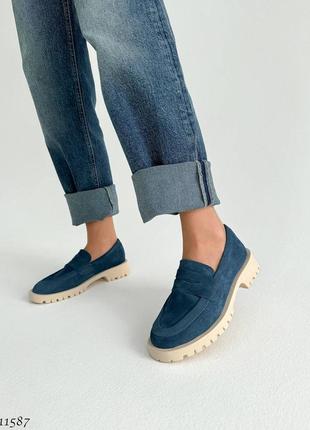 Premium! женские замшевые синий лоферы на каблуке весенне осенние туфли натуральная замша весна3 фото