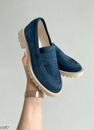 Premium! женские замшевые синий лоферы на каблуке весенне осенние туфли натуральная замша весна5 фото