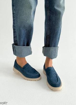 Premium! женские замшевые синий лоферы на каблуке весенне осенние туфли натуральная замша весна6 фото