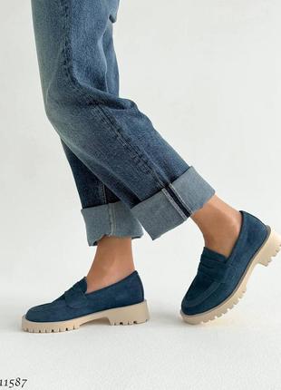 Premium! женские замшевые синий лоферы на каблуке весенне осенние туфли натуральная замша весна8 фото