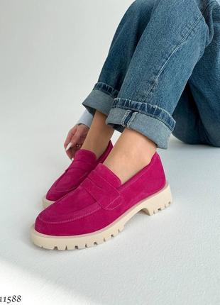Premium! женские замшевые фуксия лоферы на каблуке весенне осенние туфли натуральная замша1 фото