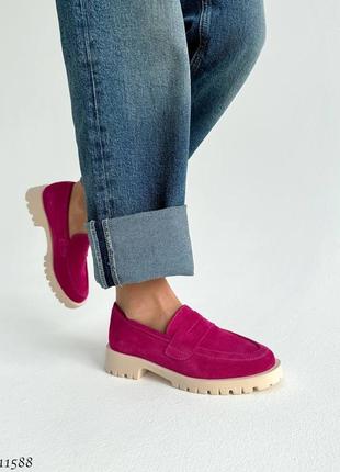 Premium! женские замшевые фуксия лоферы на каблуке весенне осенние туфли натуральная замша5 фото