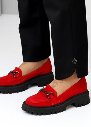Замшевые женские красные лоферы на каблуке весенне осенние туфли натуральная замша весна осень