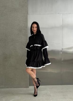 Оригінальна сукня міні вільного крою з воланами і мереживом❤️ стильне повття з коміром стійкою софт2 фото