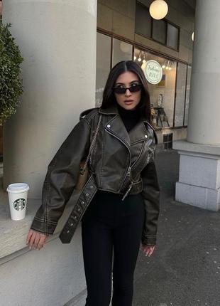 Косуха zara зара кожанка кожаная куртка шкіряна куртка брендовая хакі хаки