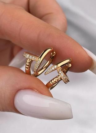 🇺🇦 сережки срібло 925° покриття позолота, вставка куб.цирконії, цвях цвяшки гвозди картьє 1419.10п