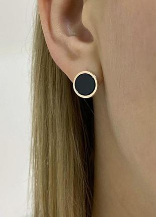 Серебряные серьги 925 пробы с золотыми пластинами 375 проби вставка имитация оникс, черный круг