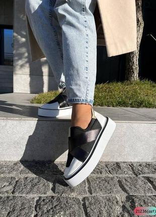 Кеды fashion белая кожа вставка🖤