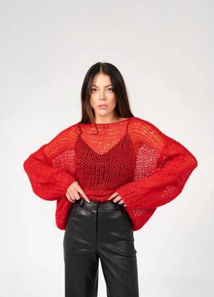 Дизайнерська кофта червона паутинка ручної роботи modna kazka mked5799-1234