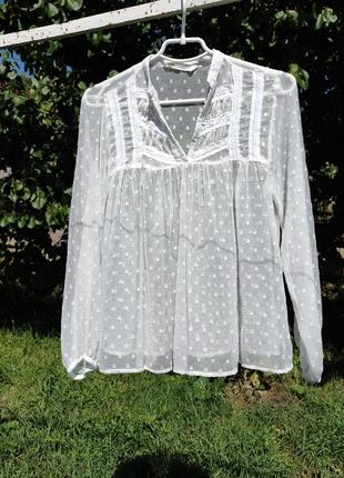 Воздушная прозрачная белая блуза в горох zara с кружевом1 фото