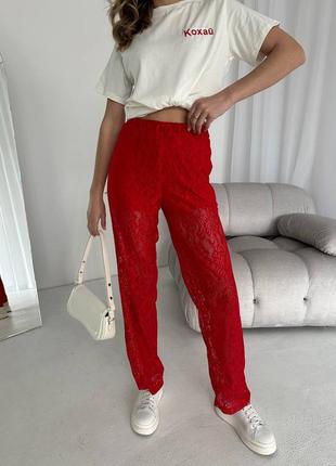 Женские стильные летние легкие красные брюки с кружевом.