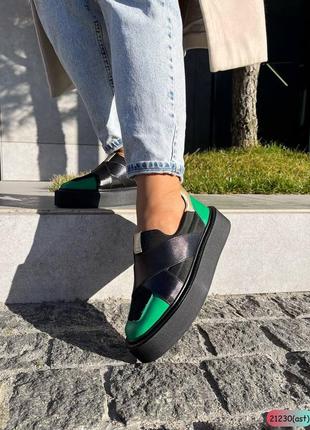 Кеды fashion зеленая кожа вставка💚