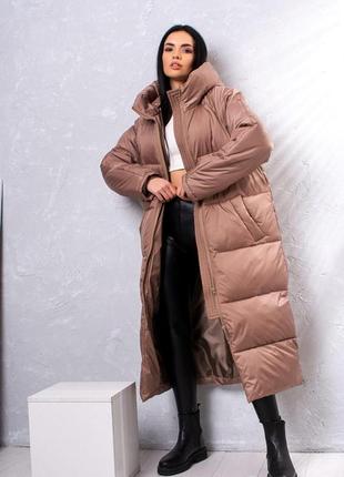 Курточка жіноча довга, осінь/зима, з капюшоном, розміри: s, m, l (мокко)1 фото