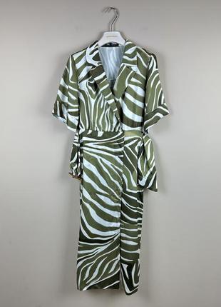 Zara платье миди с разрезом животный принт зебра стиль сафари с поясом sandro атлас сатин в виде шелка massimo dutti3 фото