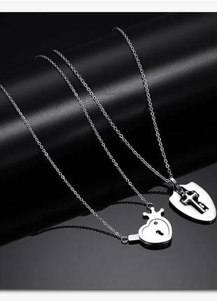 Парный комплект кулонов с цепочкой для влюбленных, пары набор ювелирных украшений  серебряный2 фото