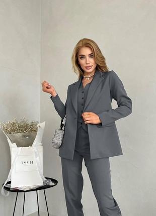 Костюм 3-ка (пиджак + жилетка + брюки) классический женский брючный s-xl графит (темно-серый)1 фото
