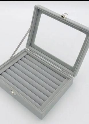 Бархатная коробка органайзер (шкатулка)  со стеклянной крышкой для сережек и колец