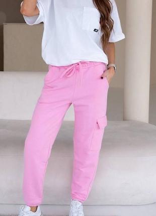 Спортивные женские брюки на высокой посадке с карманами качественные стильные трендовые розовые молочные