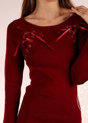 Елегантна сукня міді з шнурівками / бордо10 фото