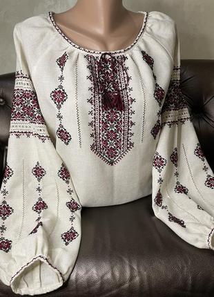 Стильна жіноча вишиванка на сірому льоні полотні ручної роботи. ж-23986 фото