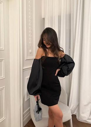 Приталенное черное платье мини с объемными рукавами 42 44 46 48 вечернее мини платье xs s m l
