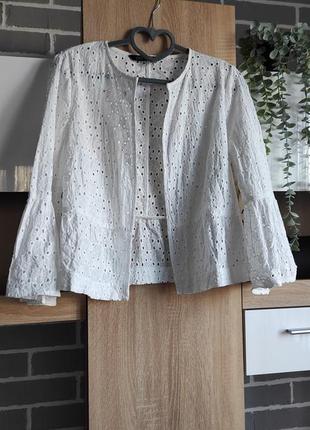 Zara блуза из прошвы, легкий белый жакет, летний пиджак кружево3 фото