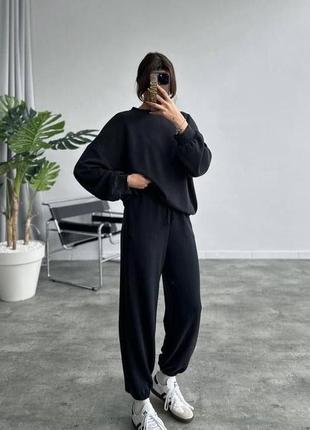 Костюм спортивный женский однотонный оверсайз свитшот брюки на высокой посадке с карманами качественный стильный черный серый