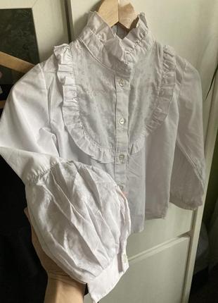 7-8 лет белая легкая школьная блуза рубашка с рюшей воланом длинный рукав фонарик2 фото