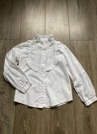 7-8 лет белая легкая школьная блуза рубашка с рюшей воланом длинный рукав фонарик5 фото