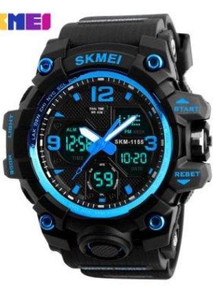Skmei 1155 black blue, часы, чёрные, синие, мужские, стильные, прочные, на каждый день, тактические