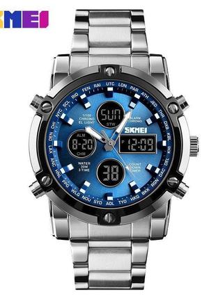 Skmei 1389bu silver-black-blue,  часы, серебрие, синие, мужские, стильные, прочные, на каждый день