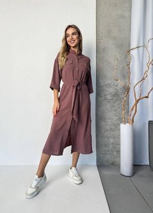 Шикарна сукня-сорочка з накладними кишенями,під пояс , довга сукня ( мод 504 )