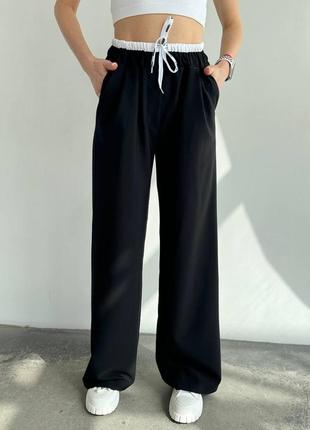 Широкі штани брюки з високою посадкою з подвійним еластичним поясом з кішенями